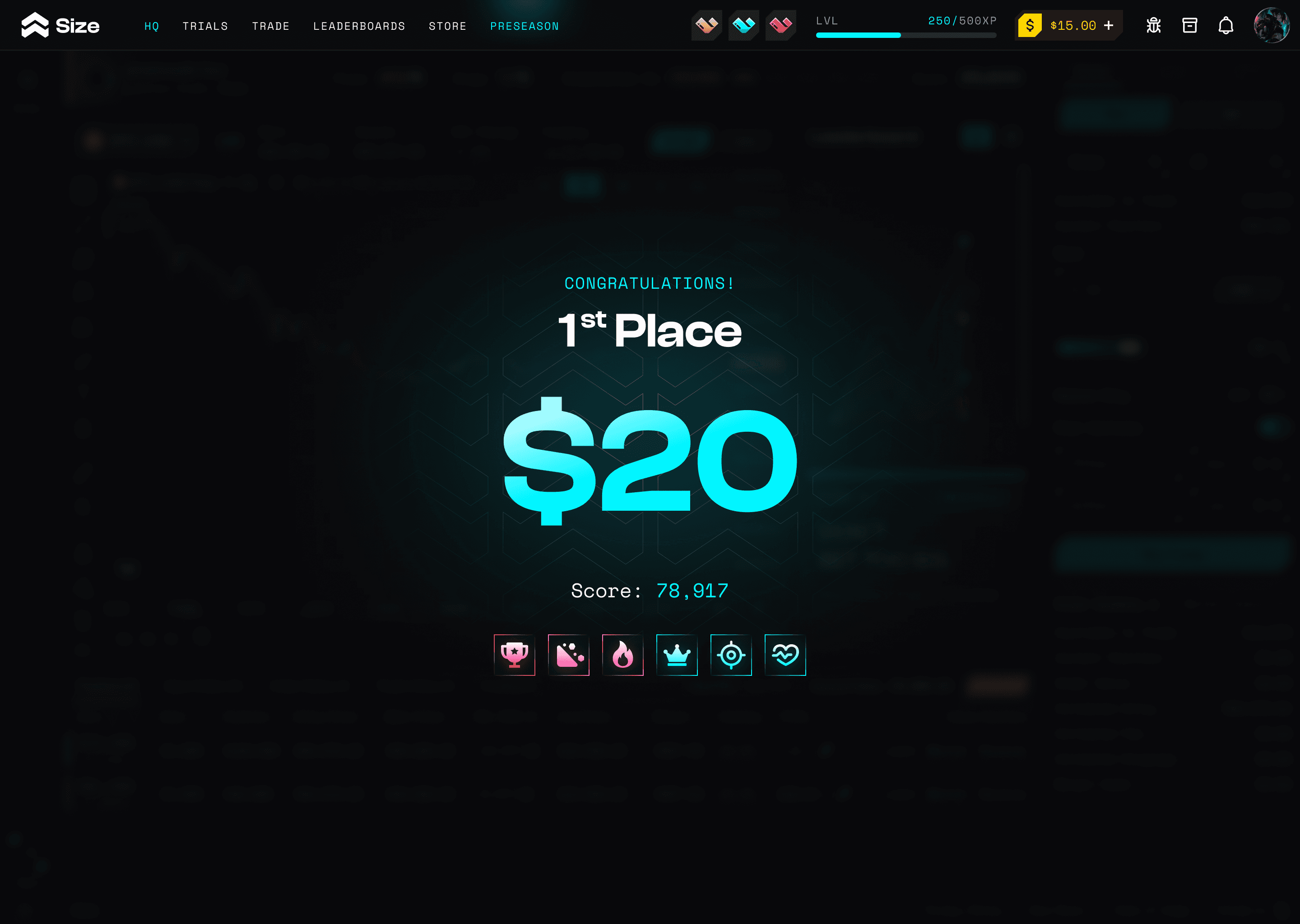 Size cash game first-place win screen