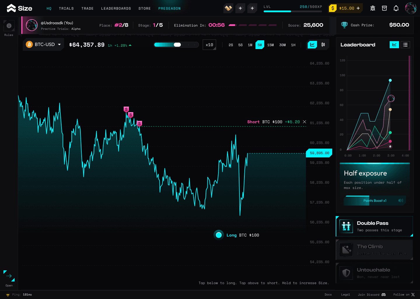 Size tap-trading interface preview